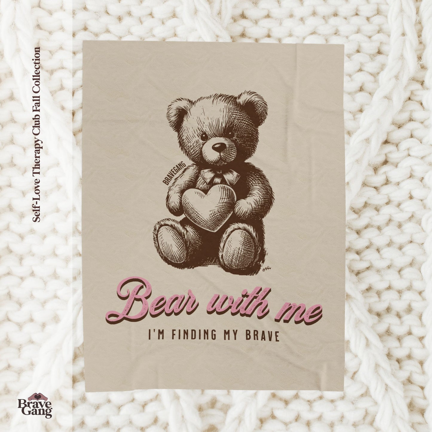 #BraveGang Bear With Me Blanket 🍂 60" x 80" 🍂 Cream + Chocolate Brown + Pink