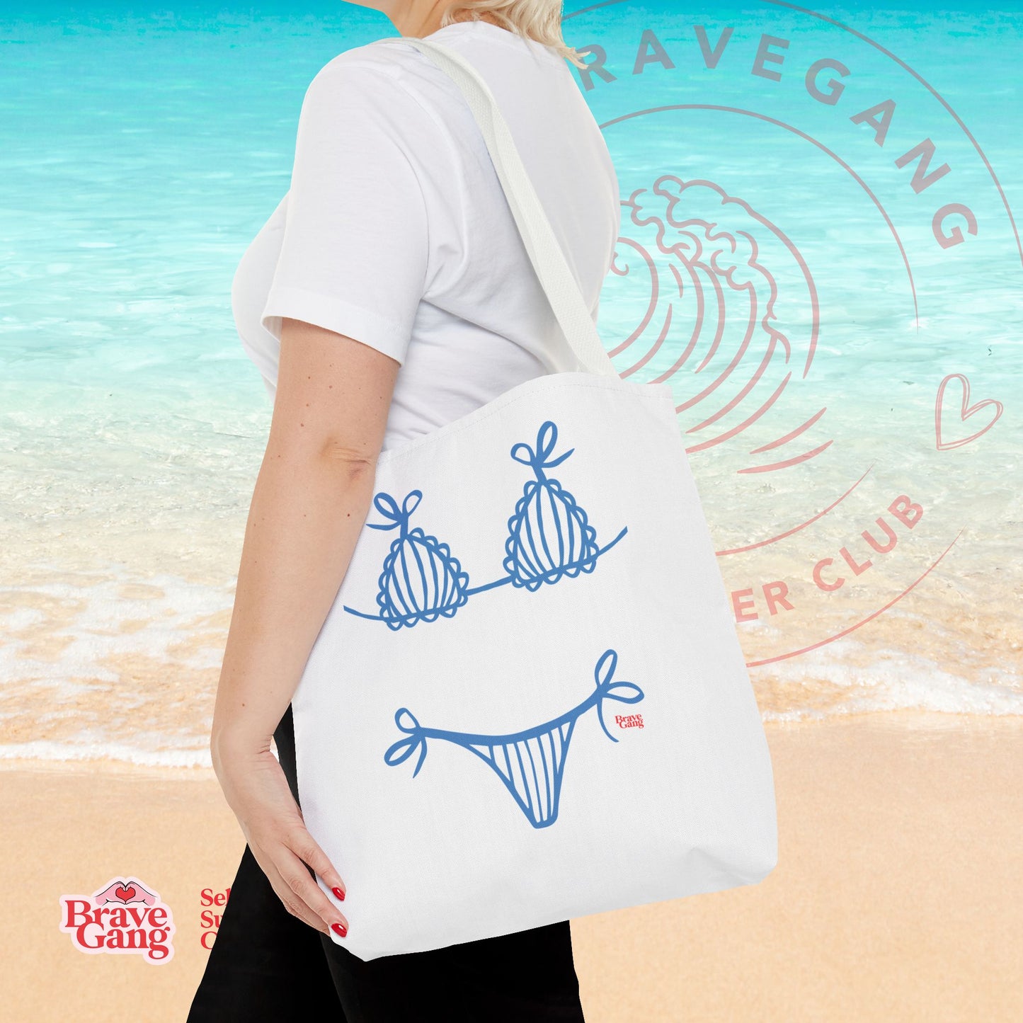 BraveGang Self-Love Summer Club Beach Tote with Blue Bikini Print