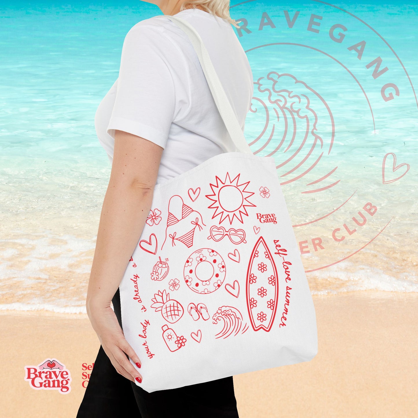 BraveGang Self-Love Summer Club Beach Tote with Red Summer Print