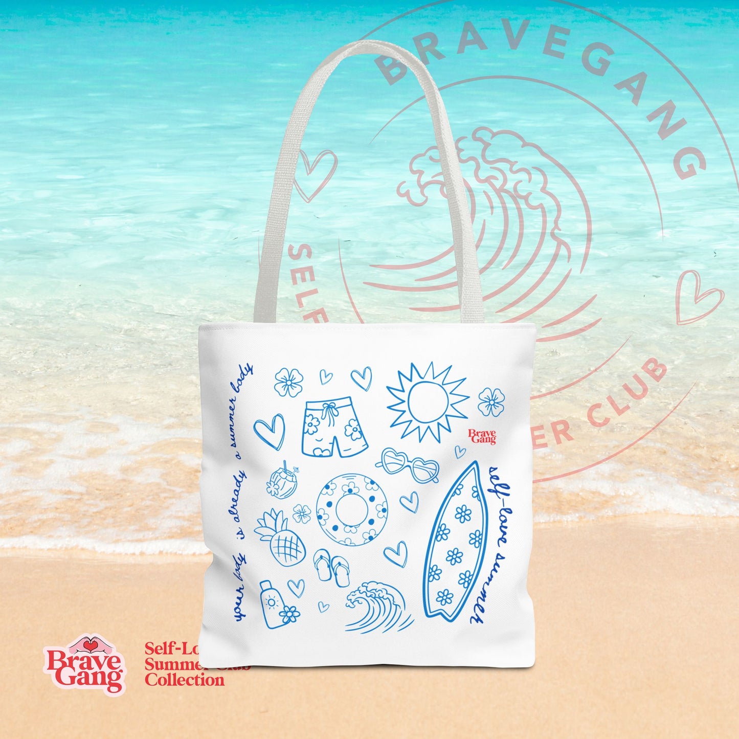 BraveGang Self-Love Summer Club Beach Tote with Blue Summer Print