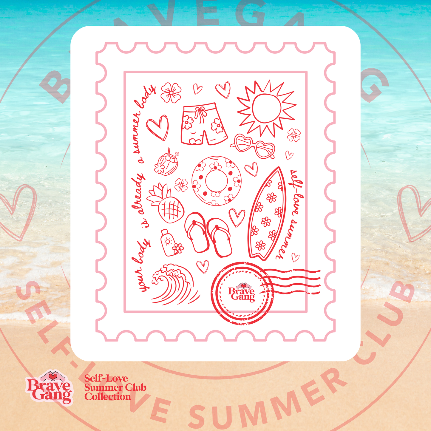BraveGang Self-Love Summer Club Tee with Red Print and Swim Shorts