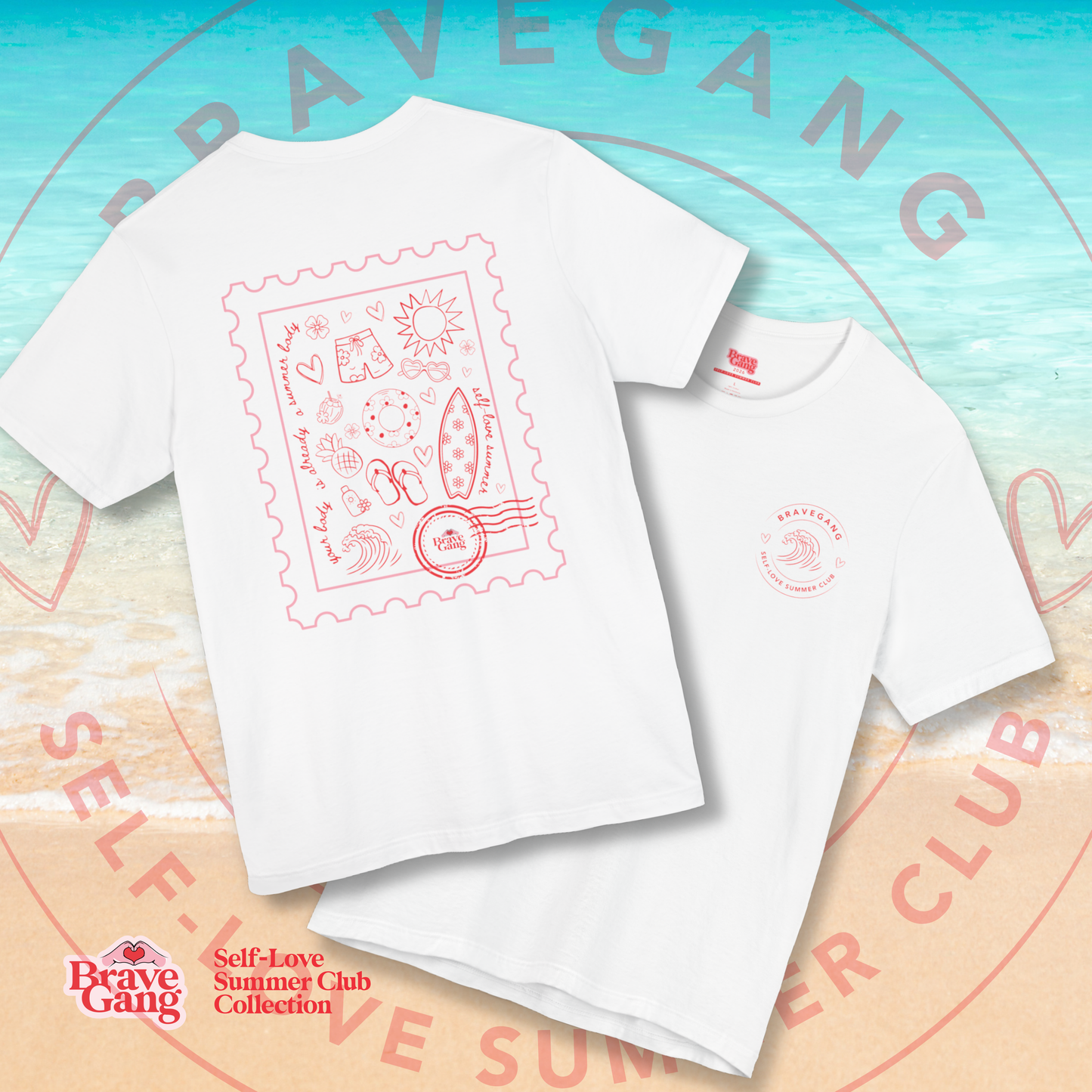 BraveGang Self-Love Summer Club Tee with Red Print and Swim Shorts