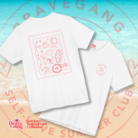 BraveGang Self-Love Summer Club Tee with Red Print and Swim Shorts