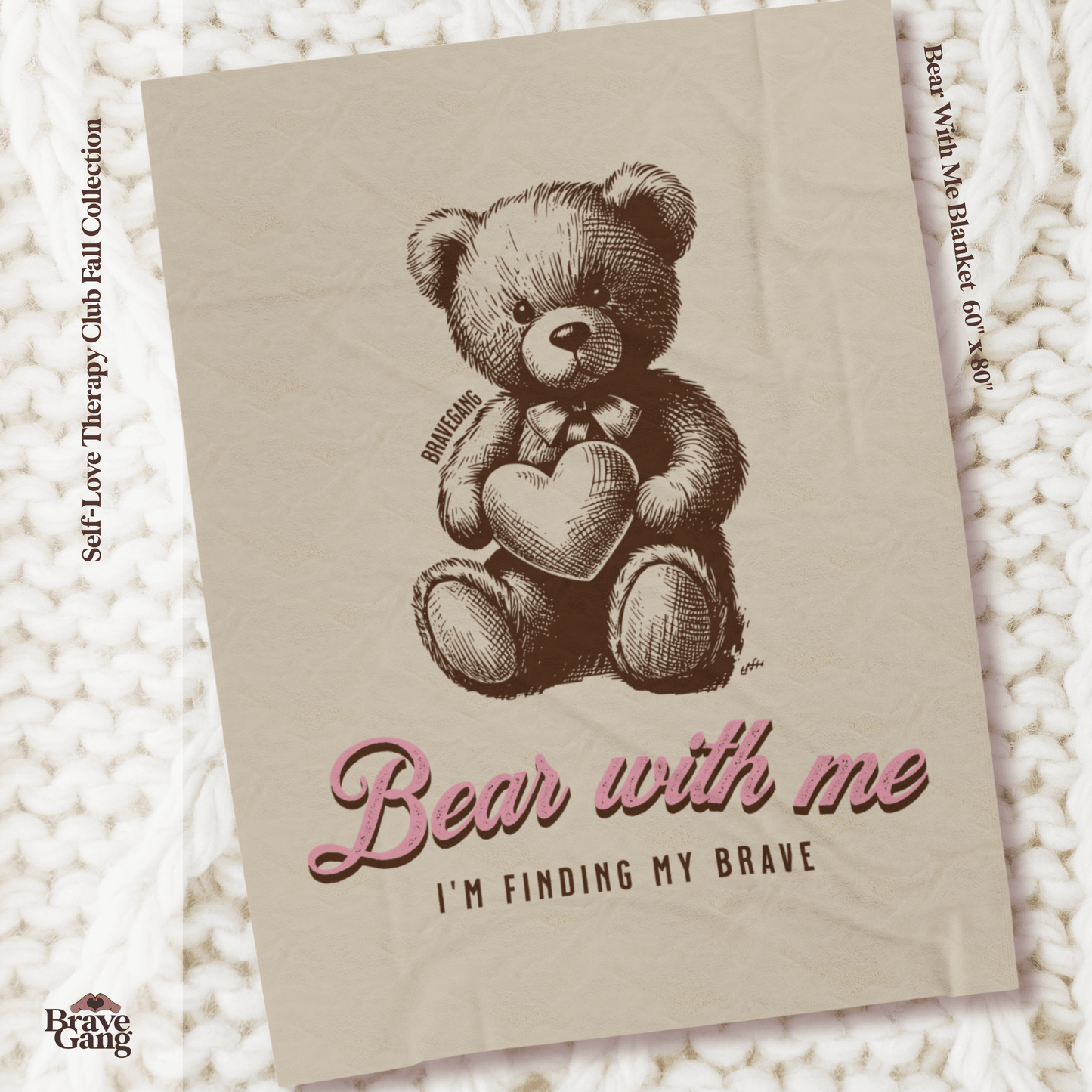 #BraveGang Bear With Me Blanket 🍂 60" x 80" 🍂 Cream + Chocolate Brown + Pink