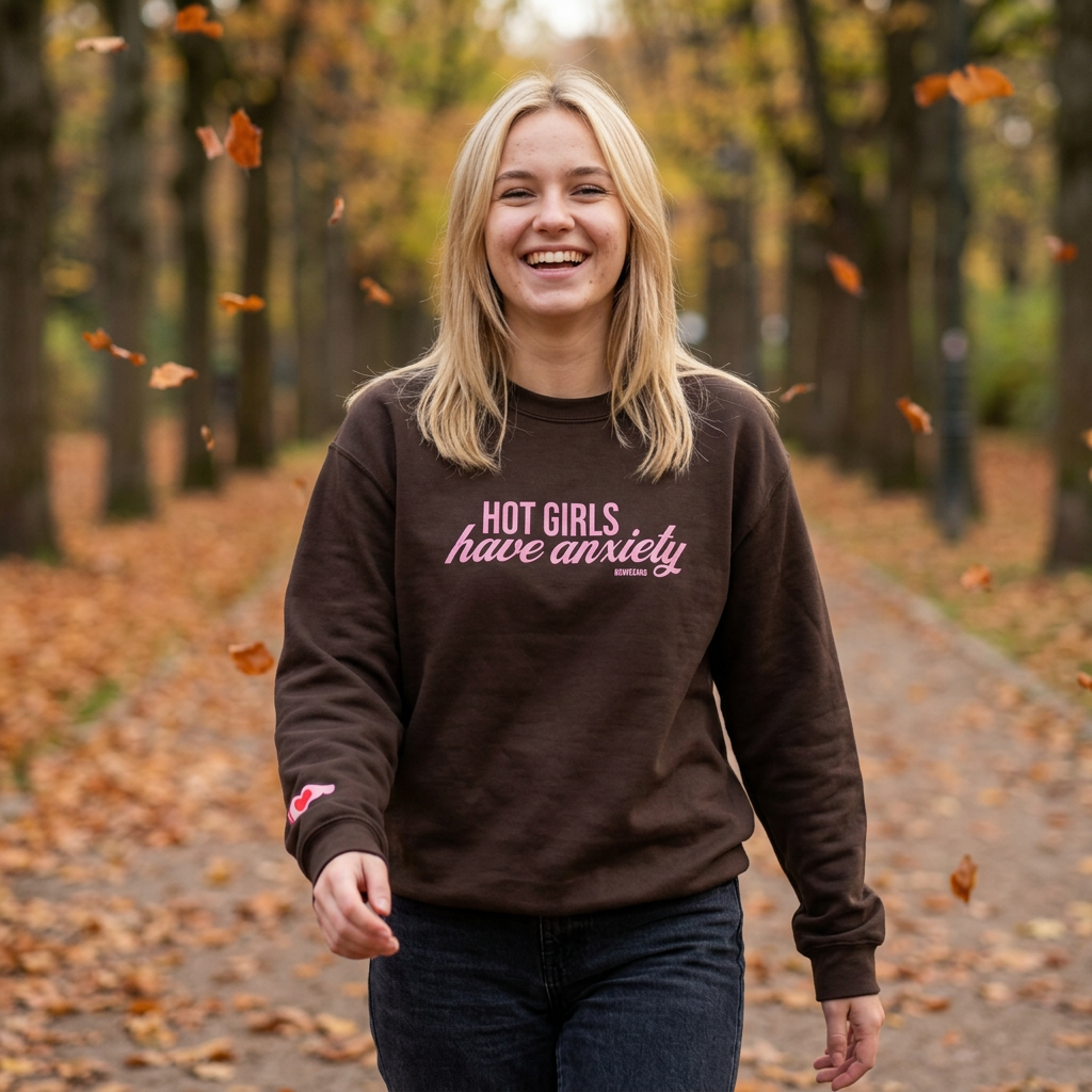 #BraveGang Hot Girls Have Anxiety Crewneck 🍂 Cozy Sweatshirt 🍂 Chocolate Brown + Pink