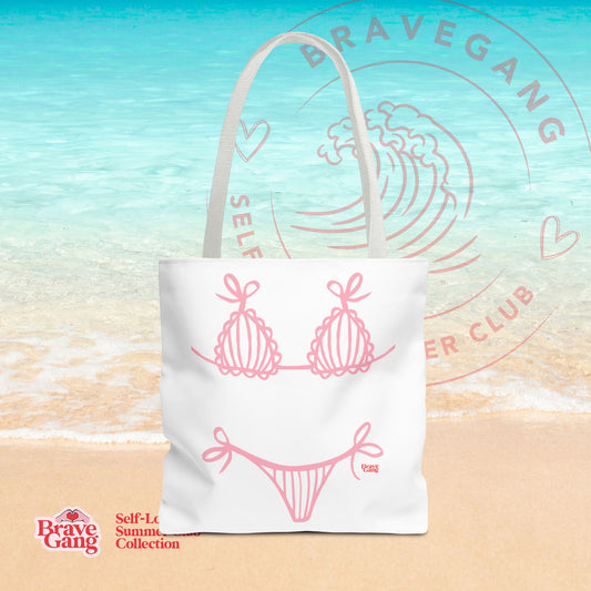 BraveGang Self-Love Summer Club Beach Tote with Pink Bikini Print